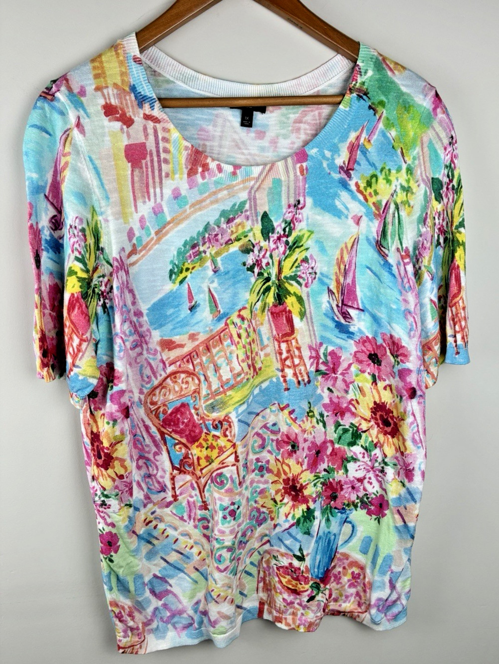 Talbots Woman 1X Coastal Scenic Sailboat Floral Cotton Knit Top Resort Vacation